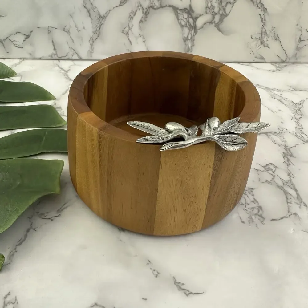 Vagabond House Wood Olive Bowl Brown Pewter Silver Trim Small Serving